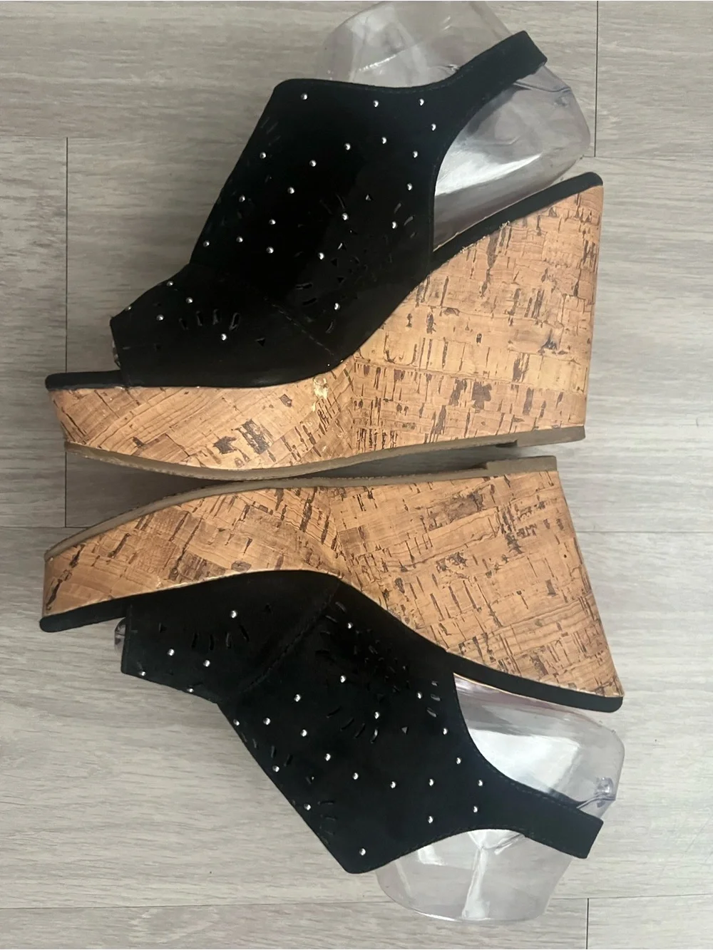 POP Edi Persons Black Studded Cork Wedge Sandals Peep Toe Slingback Size 8.5